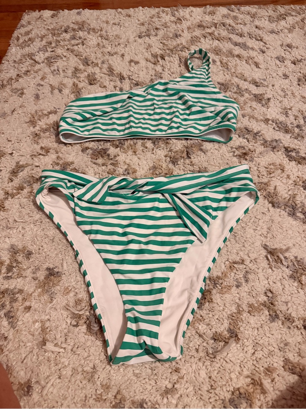 Green and White Striped One-Shoulder Bikini Set